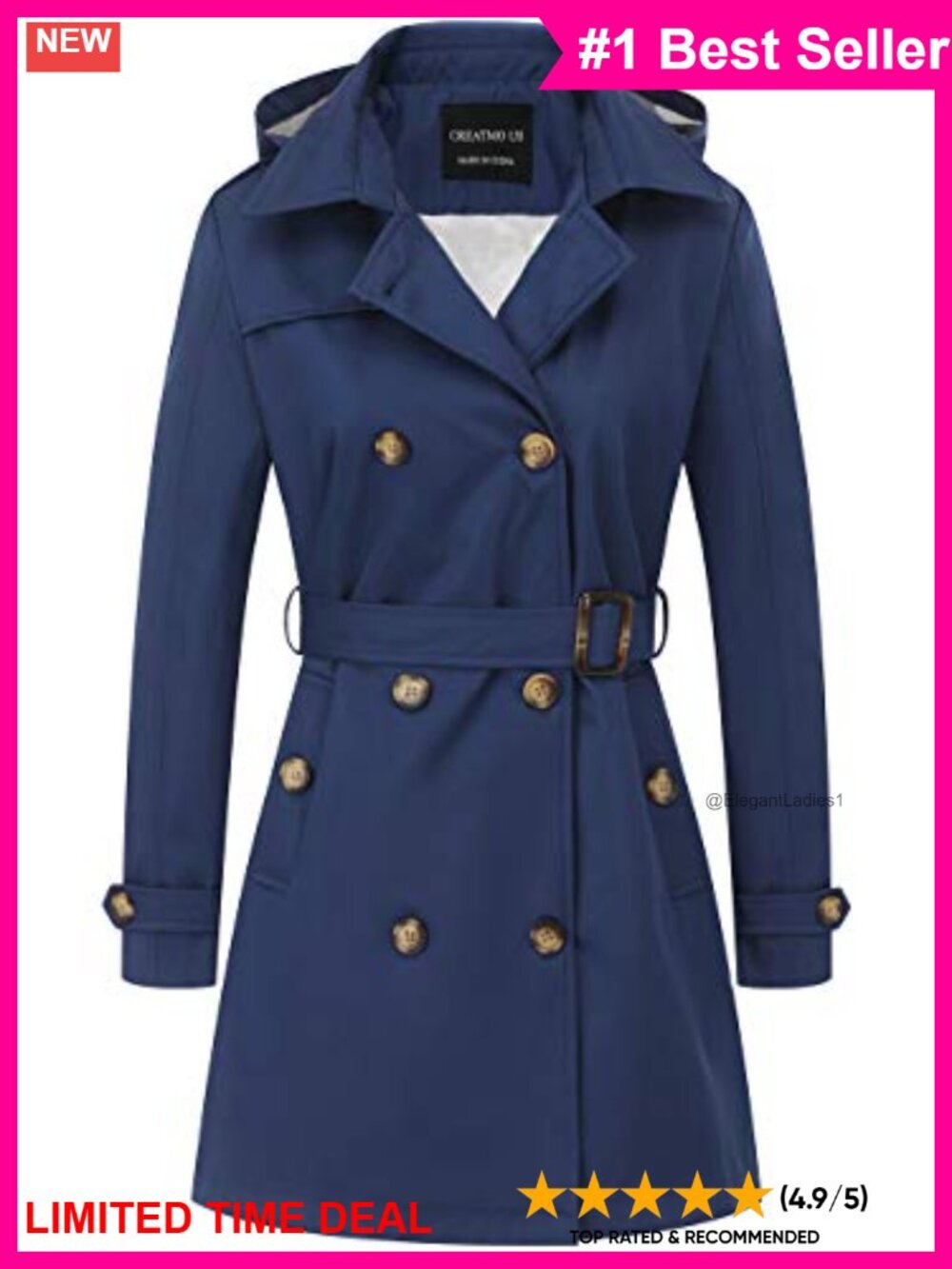 Women's Trench Coat Double-Breasted Belted Slim Overcoat with Detachable Hood